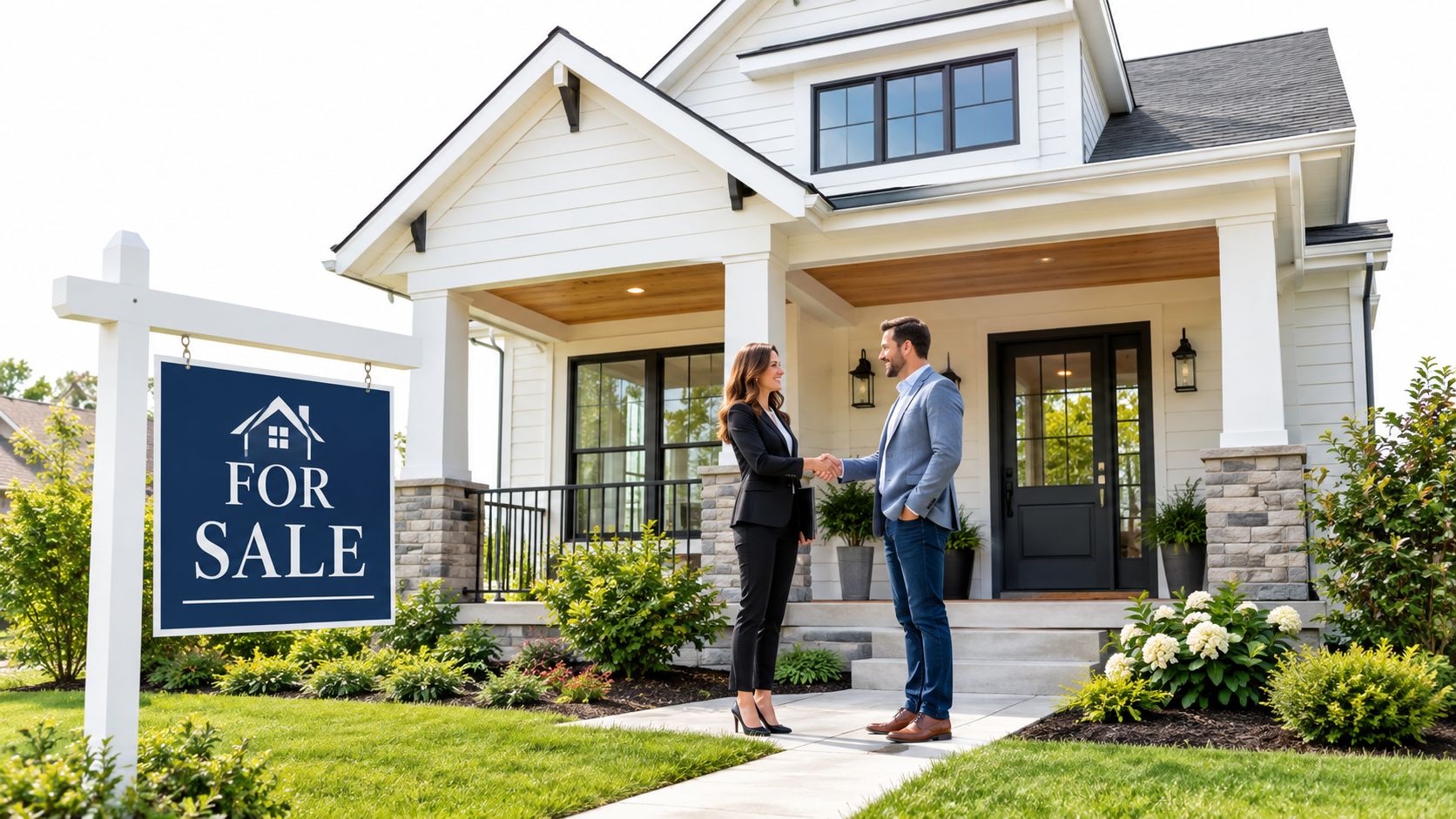 A real estate agent and a client shaking hands in front of a modern house for sale.