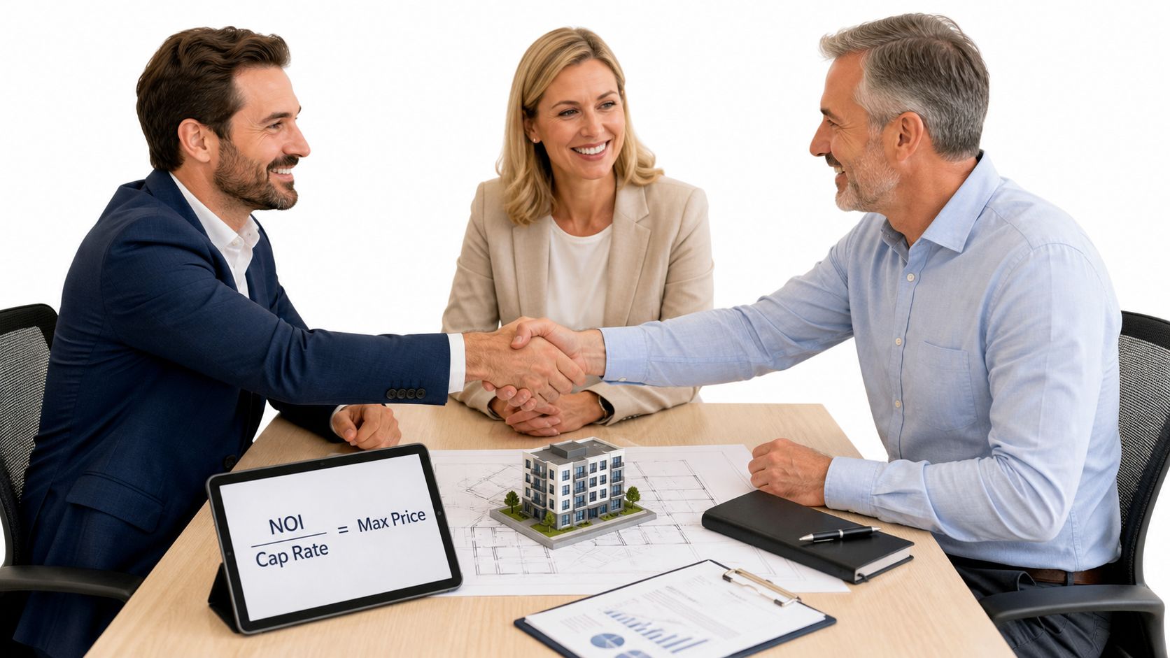 Three professional business people shaking hands over a table with building models and a financial tablet.