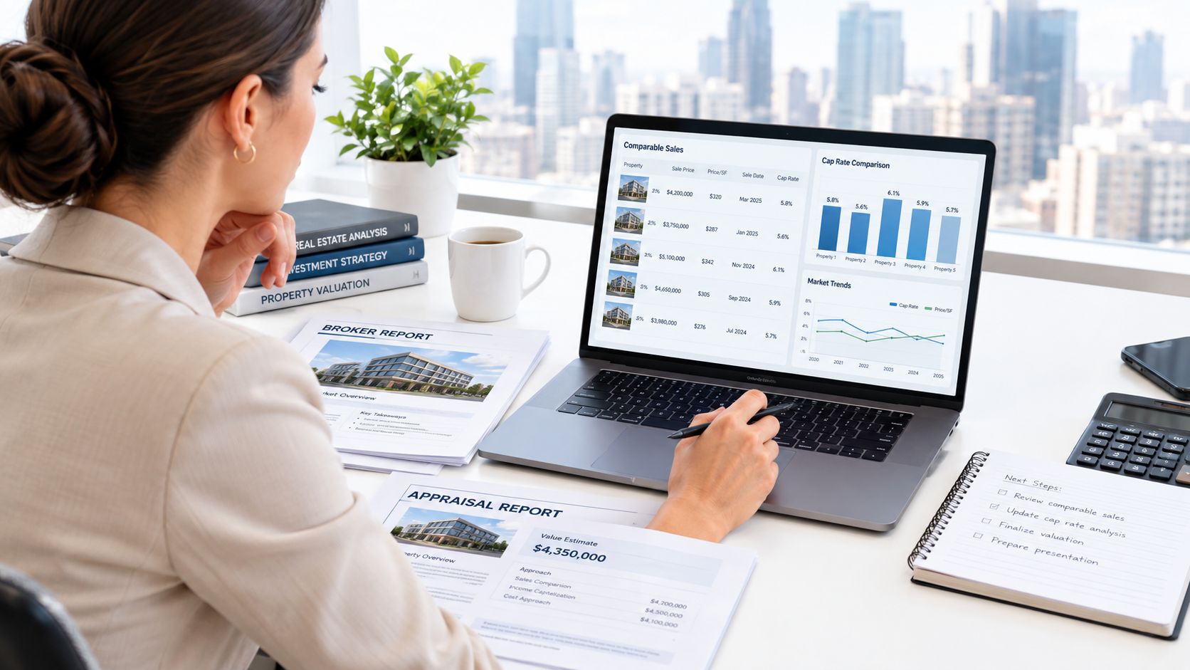 A professional working on a real estate appraisal report while analyzing market trends and cap rates online.
