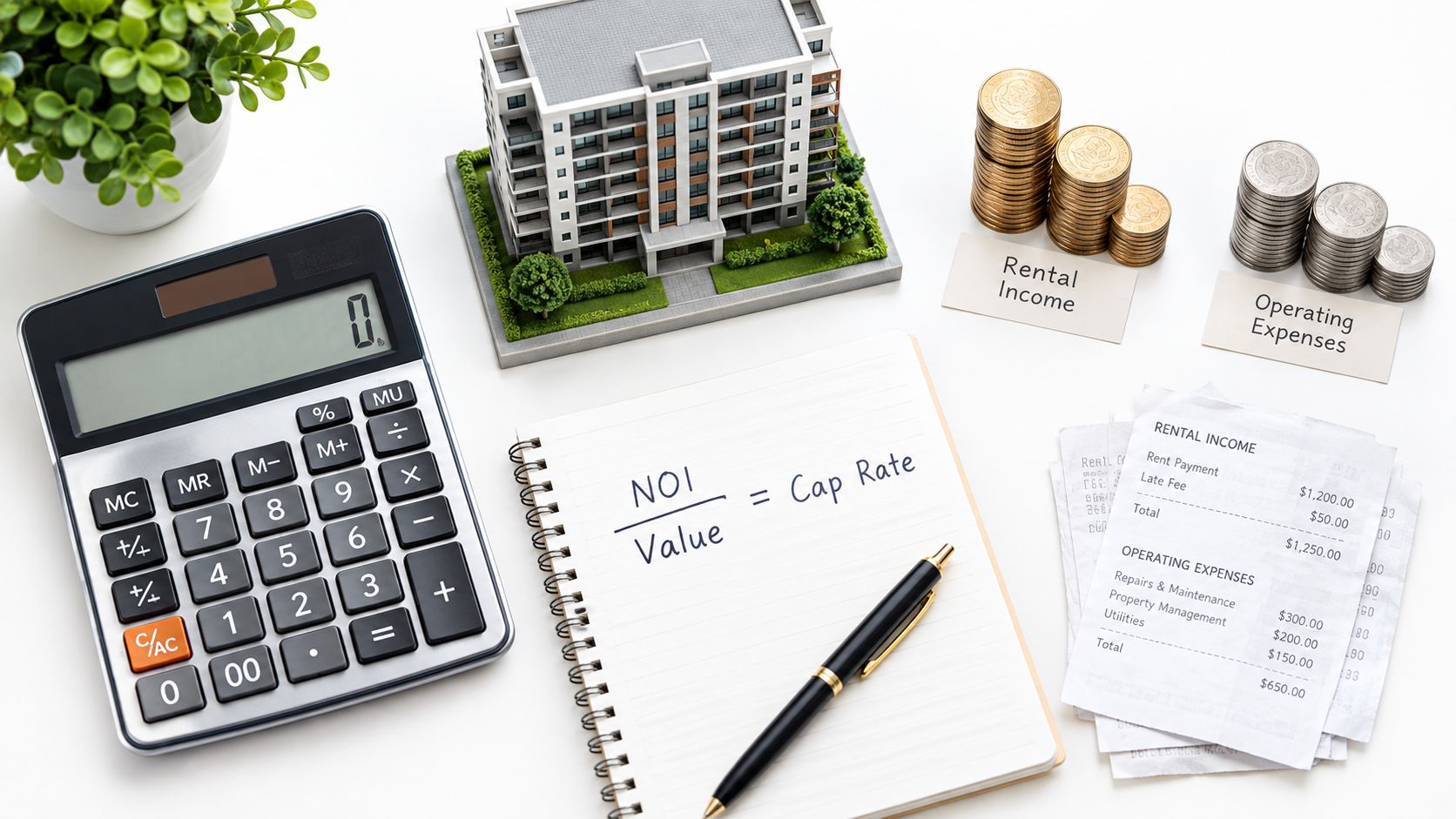 A real estate investment concept featuring a model building, calculator, notebook, and financial receipts on a desk.