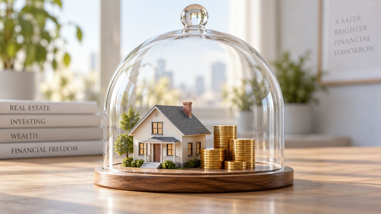 A miniature model house and stacks of gold coins displayed under a glass dome on a wooden table.
