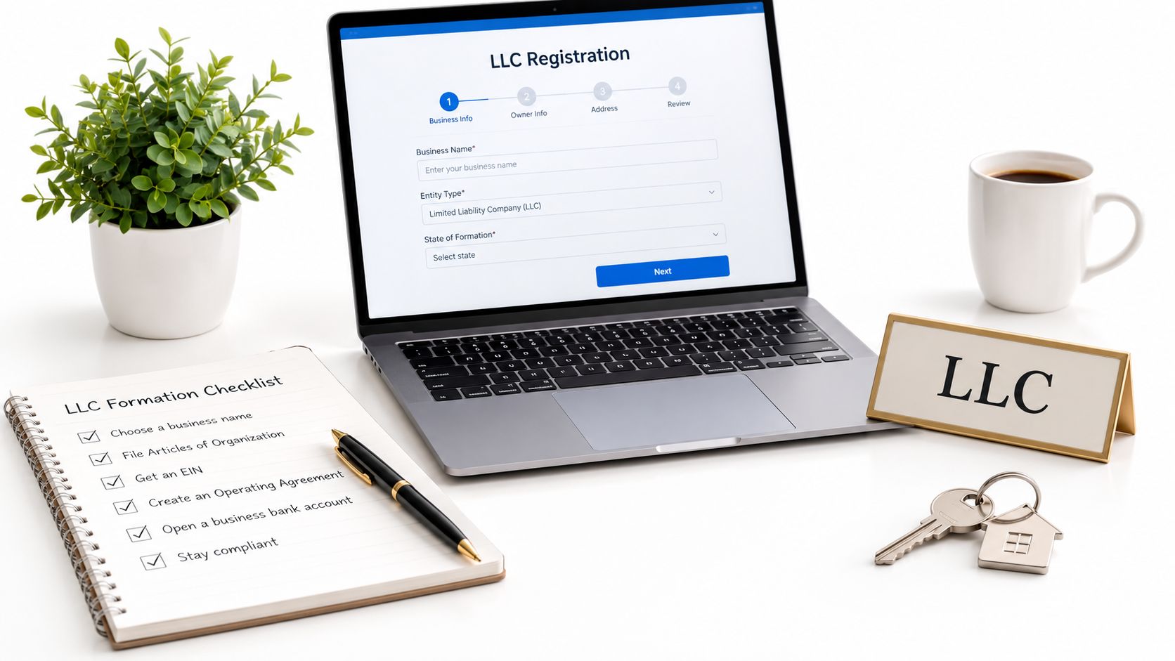 A laptop showing LLC registration form, a checklist, keys, and a coffee mug on a white desk.