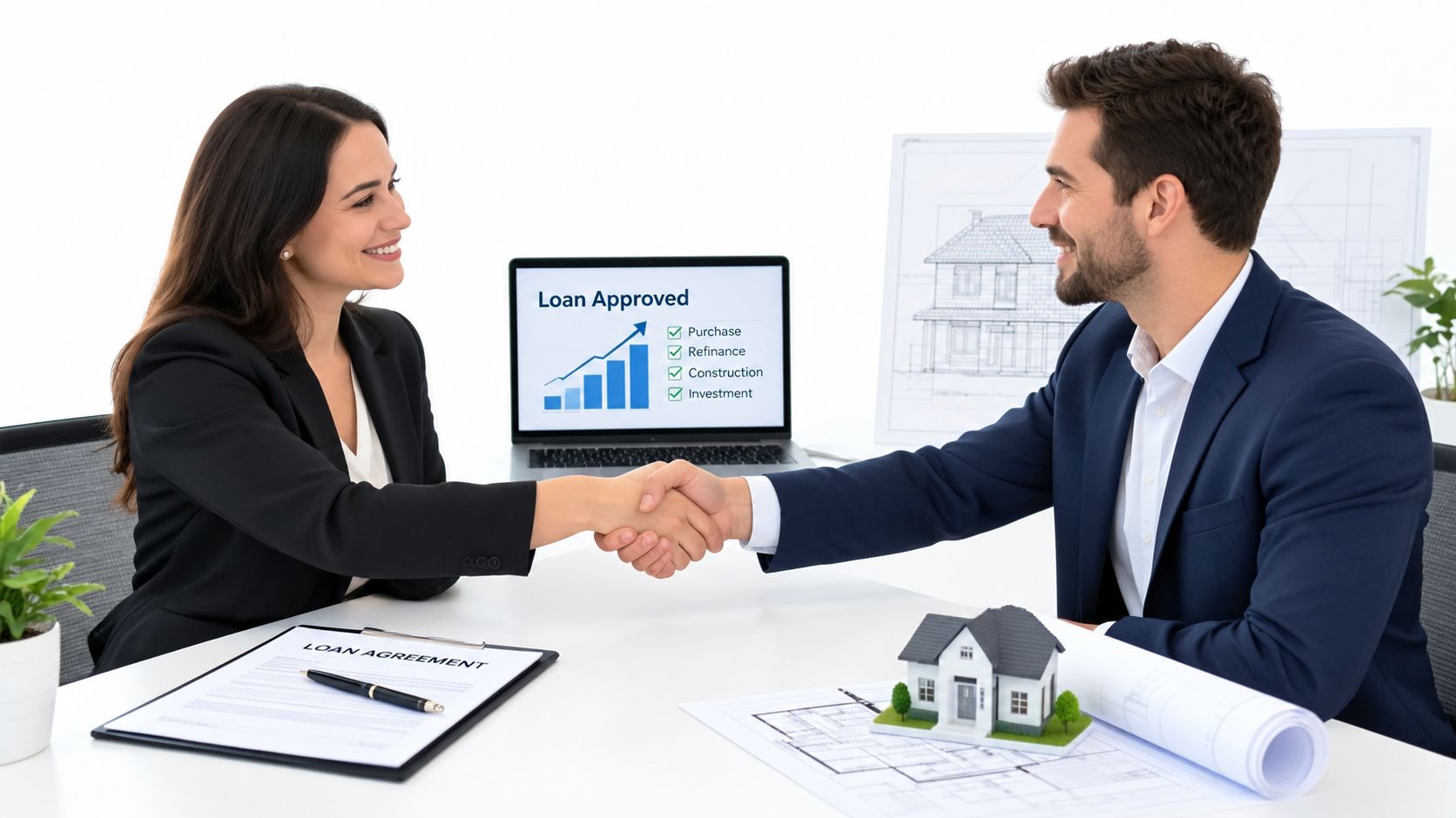 A professional real estate agent and client shaking hands after finalizing a house loan agreement.