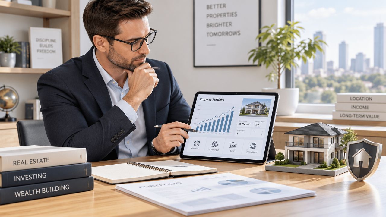 A professional real estate investor analyzing a digital property portfolio on a tablet at his office desk.