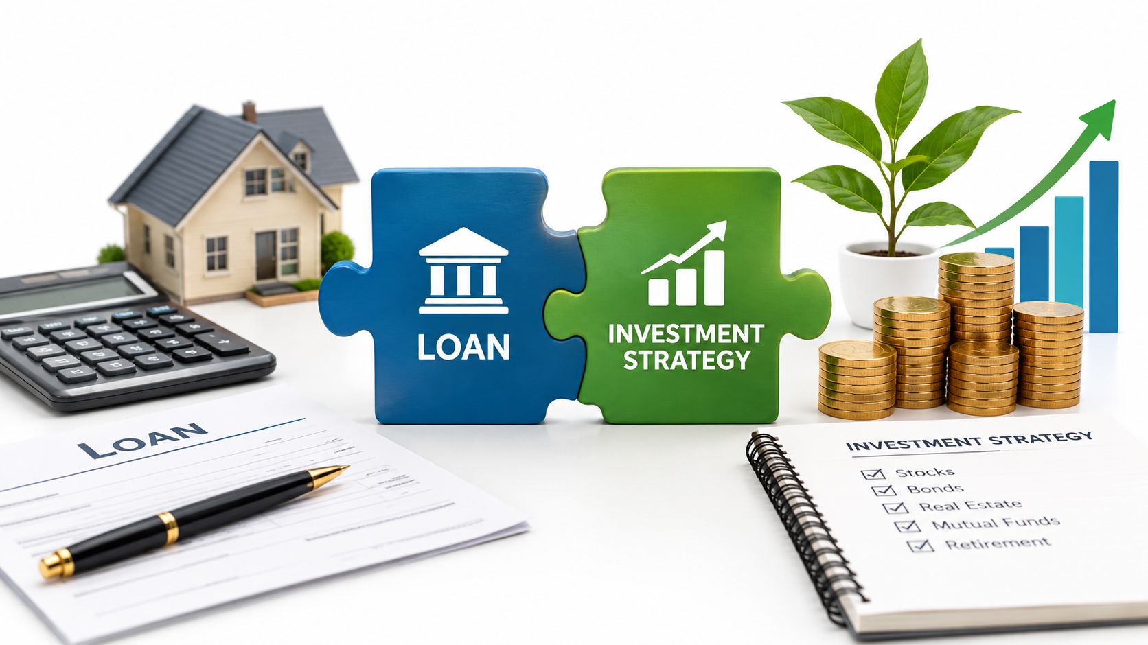Conceptual image featuring a model house, a calculator, loan documents, and coins for investment planning.