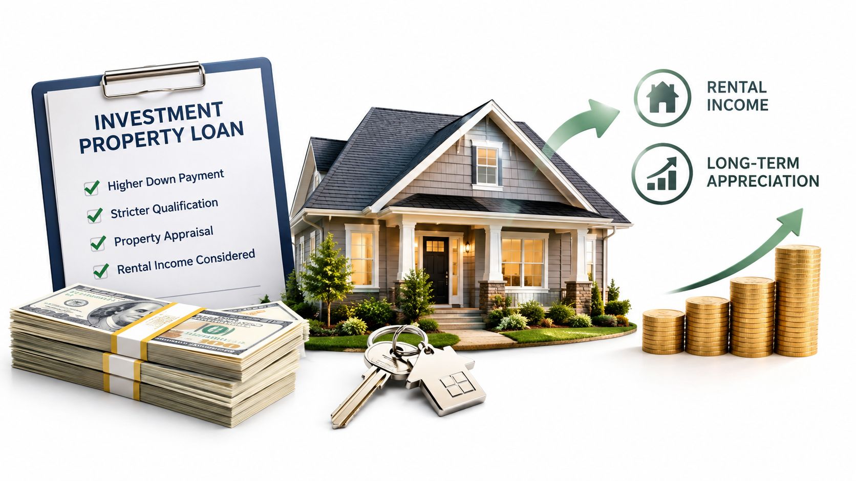 An investment property loan concept with a clipboard, house model, keys, cash stacks, and financial growth icons.
