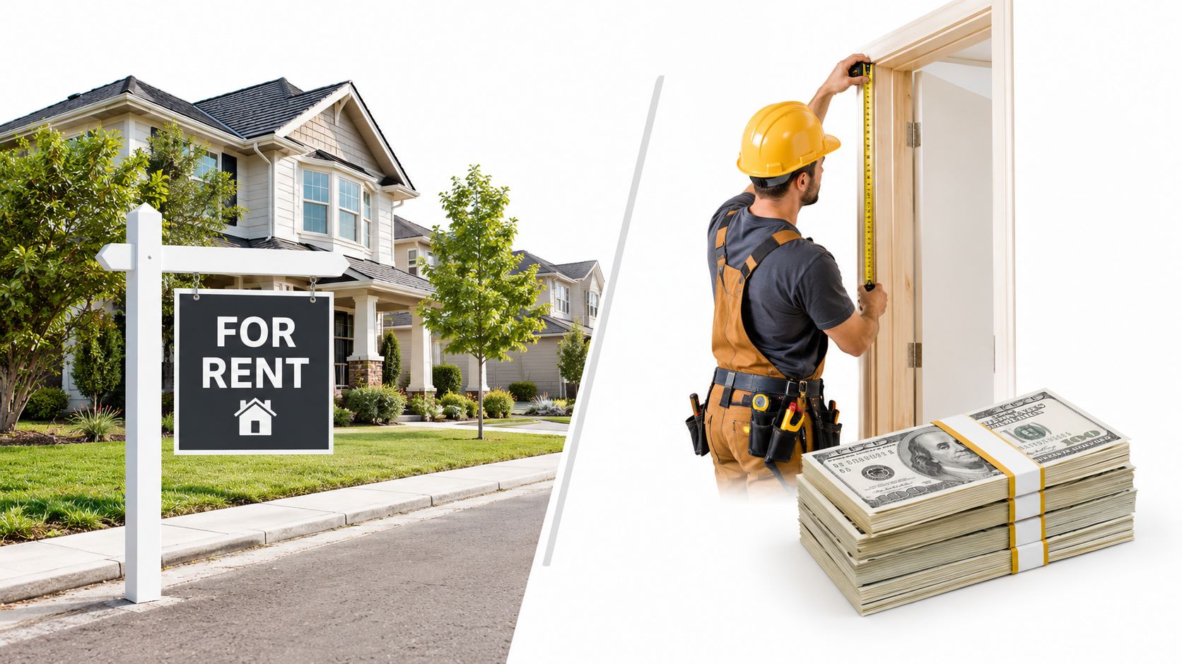 A house for rent sign in front of a residential home beside a contractor measuring a doorframe.