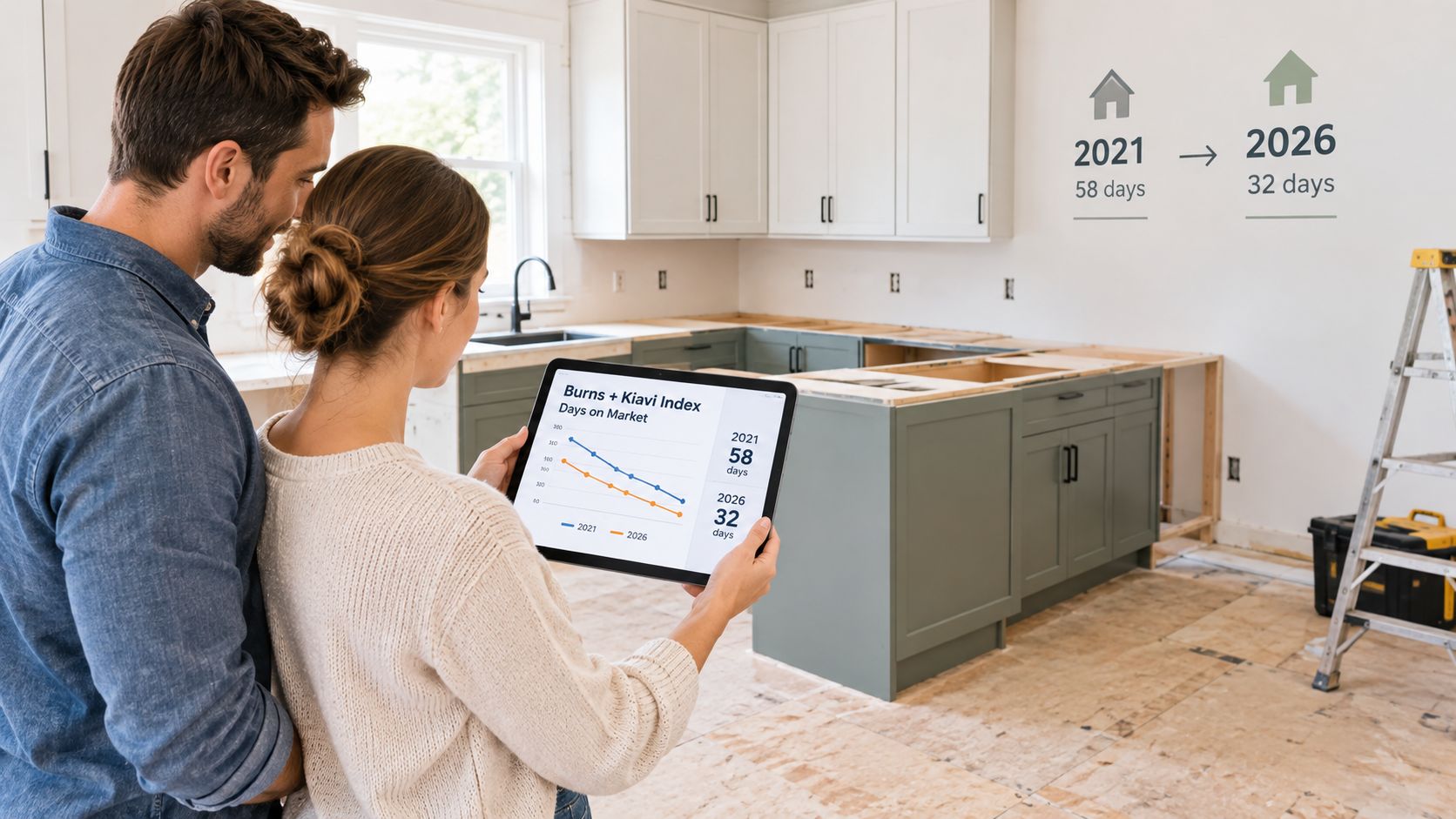 A couple looking at a tablet displaying real estate market trend data in a kitchen undergoing renovation.
