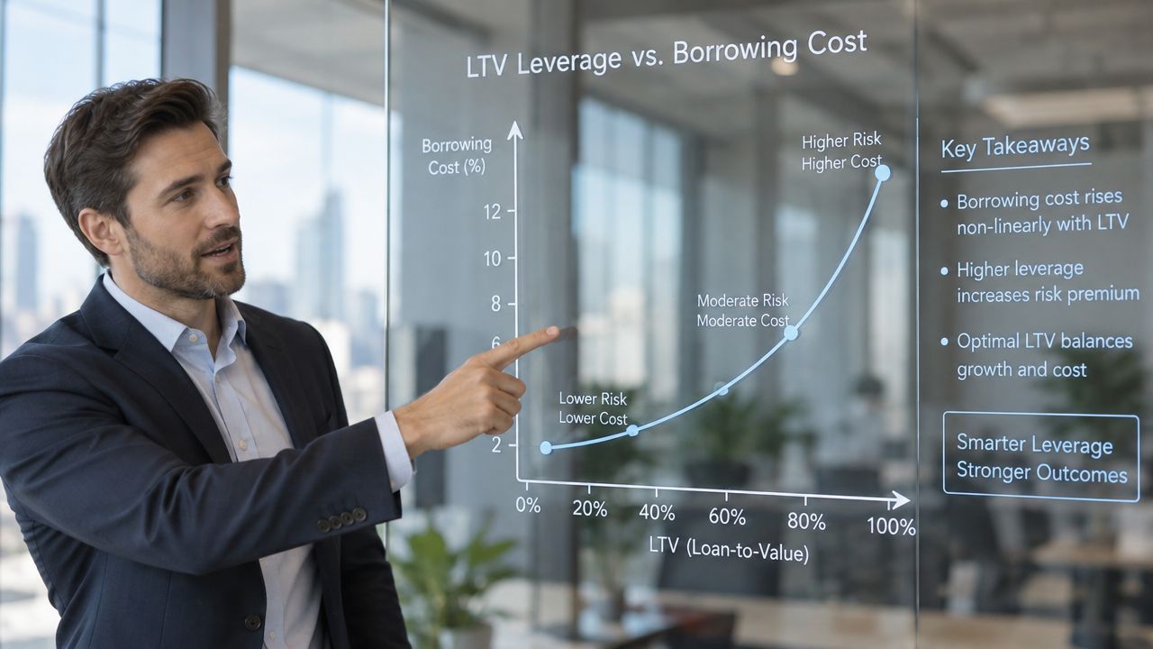 A professional man explaining an LTV leverage versus borrowing cost chart on a glass wall in an office.