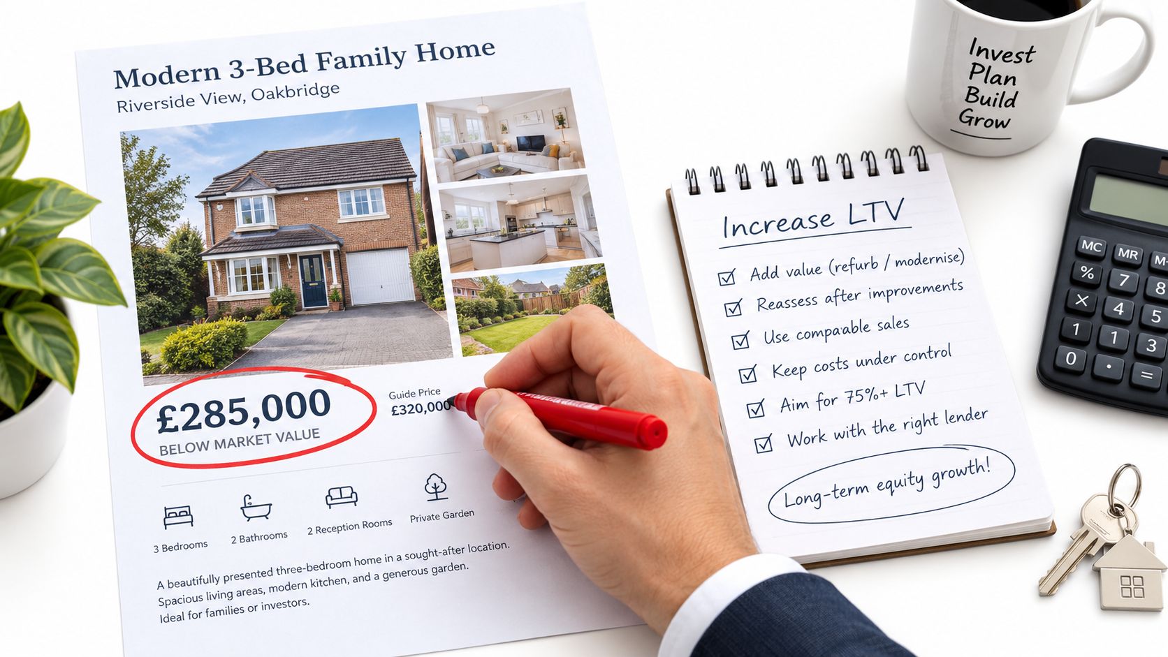 A hand marks up a real estate brochure for a modern home next to an LTV checklist.