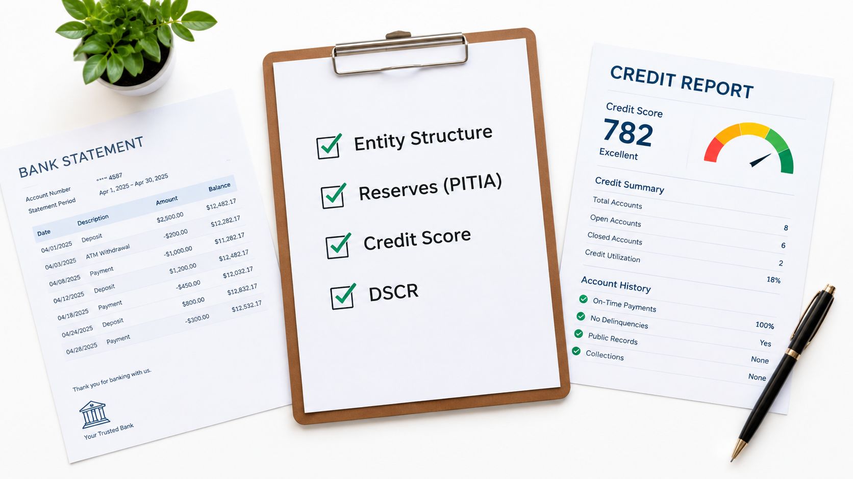 Financial documents including a bank statement, a clipboard with a checklist, and a credit report on a desk.