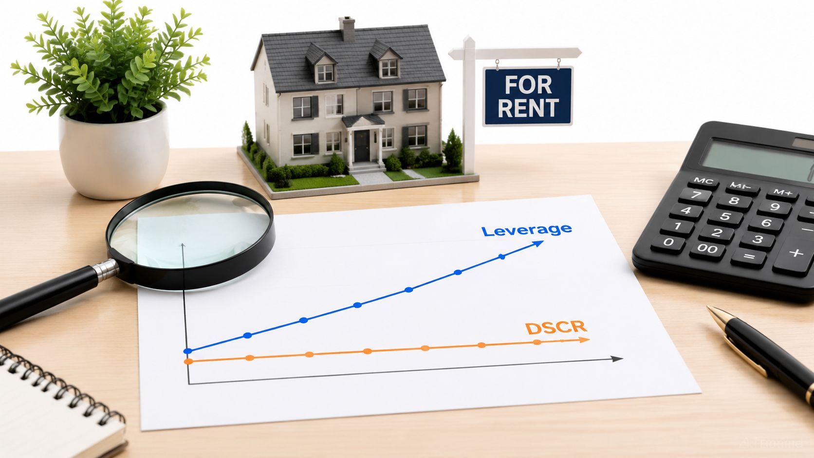 A model house, calculator, and financial chart illustrating the relationship between leverage and DSCR for real estate.