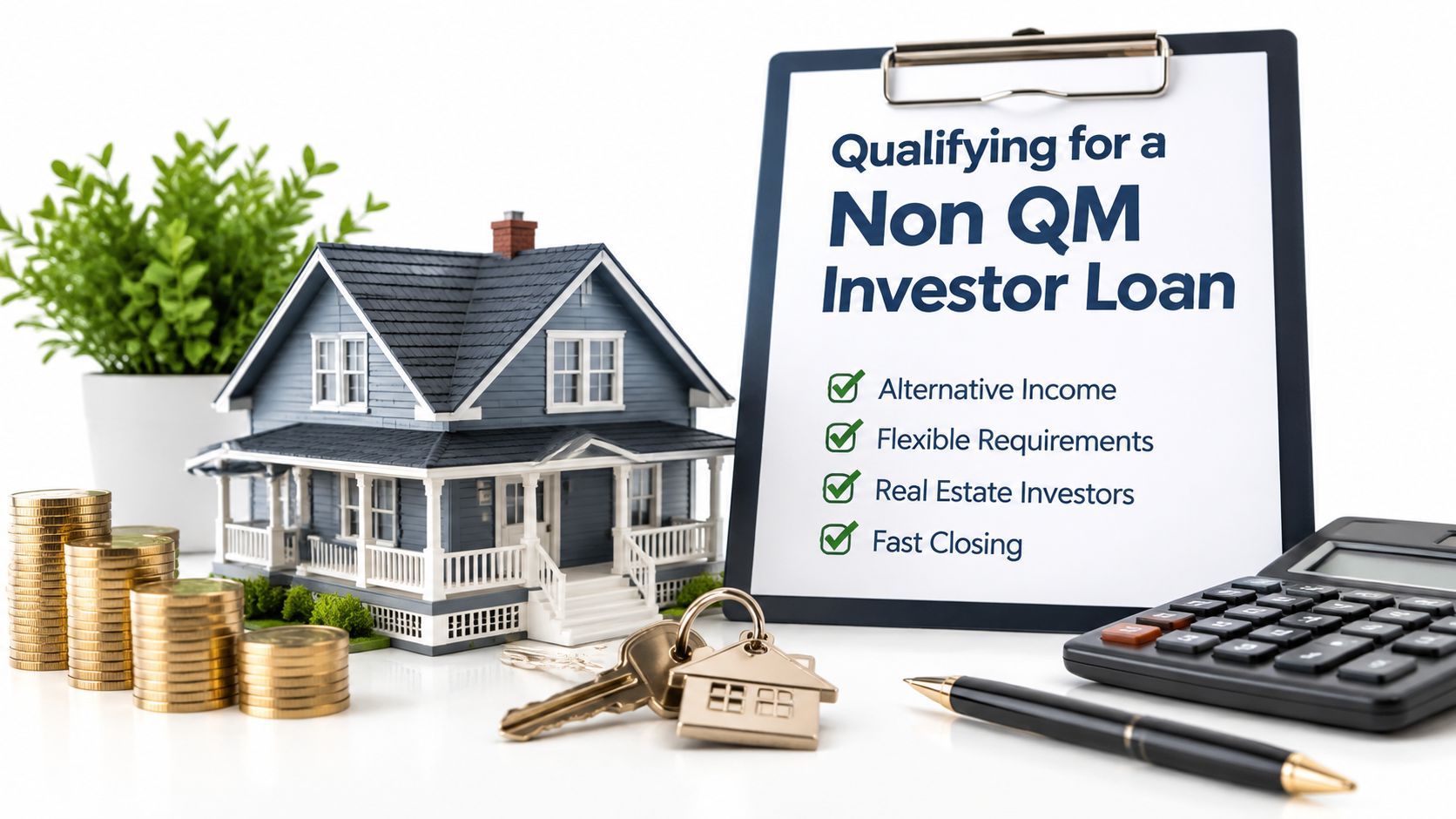 A clipboard with Non QM investor loan criteria next to a model house and gold coins.