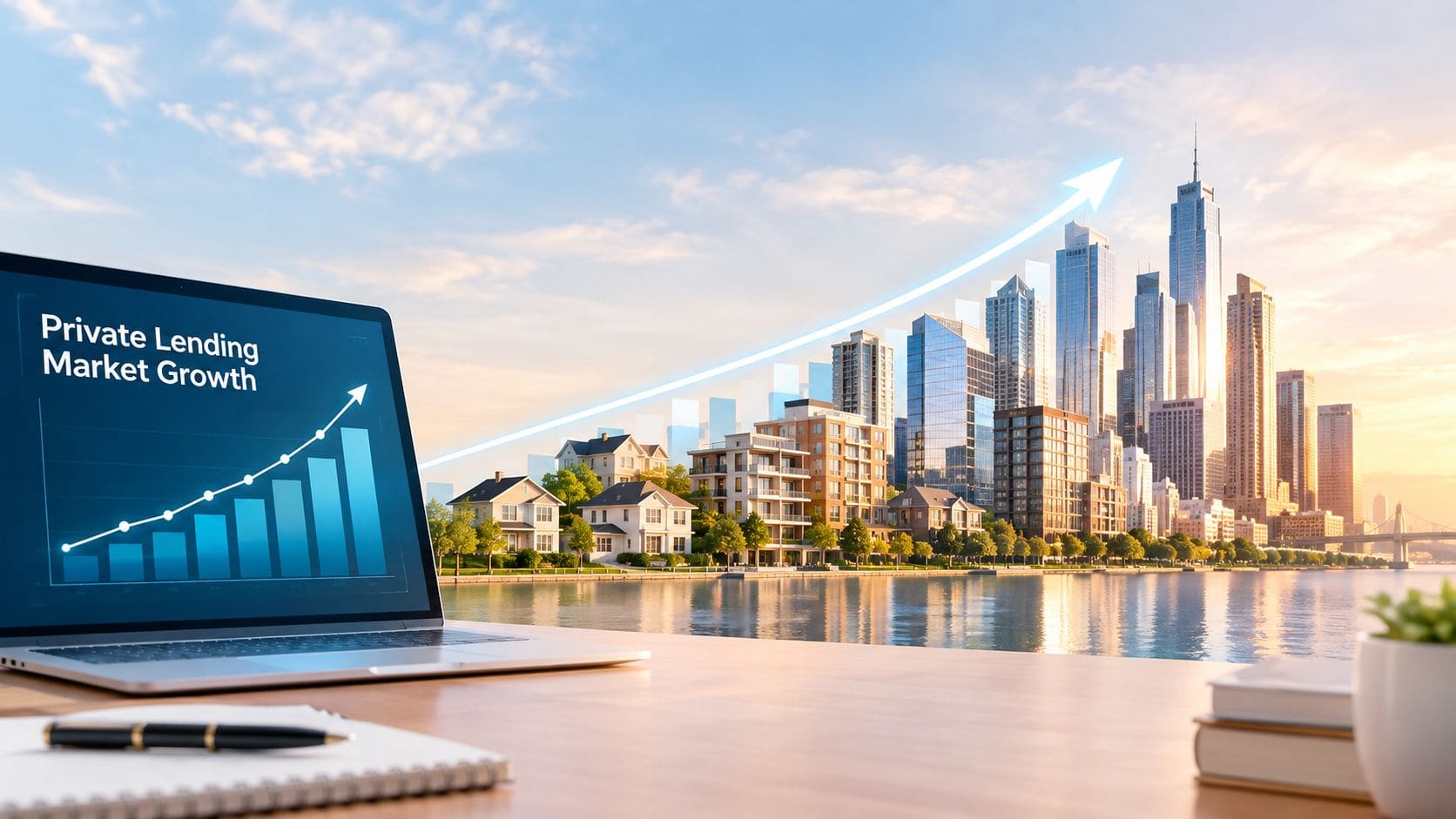 A laptop displays a growth chart titled Private Lending Market Growth overlooking a modern city skyline.