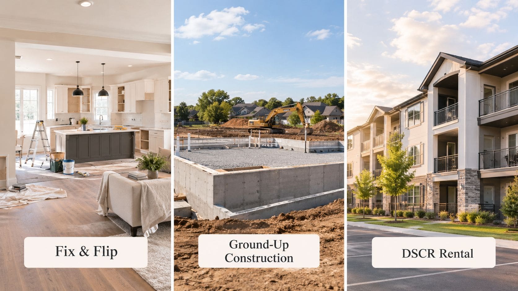 A collage showing three stages of real estate development: renovation, foundation construction, and finished rental properties.