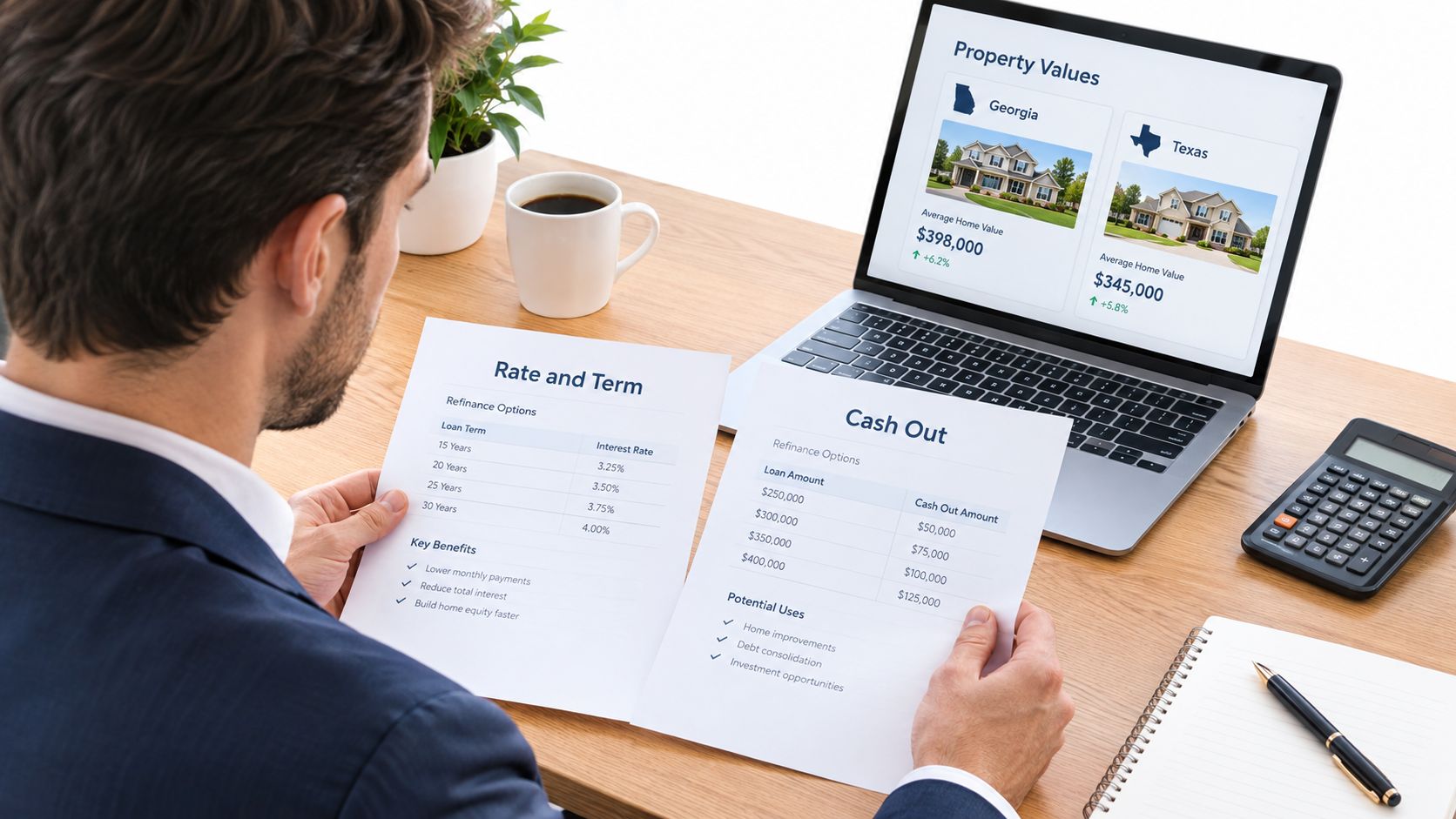 A professional man at a desk comparing mortgage refinance options between rate and term versus cash out plans.