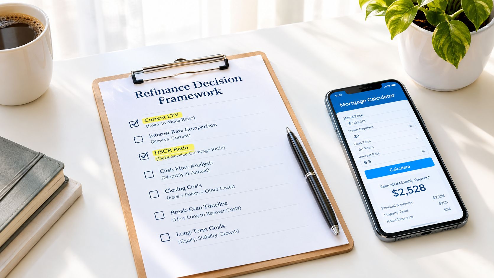 A clipboard with a refinance decision framework checklist next to a smartphone displaying a mortgage calculator app.