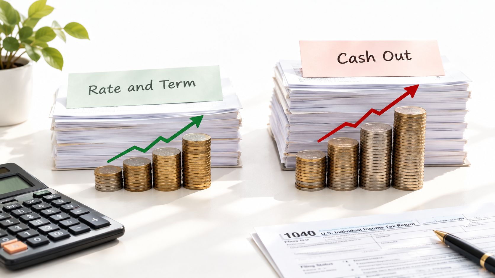 Stacks of coins and documents illustrating the differences between rate and term refinancing versus cash out refinancing.
