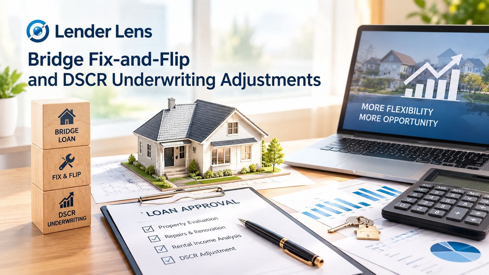 A professional desk featuring loan documents, a house model, and a laptop displaying financial growth charts.