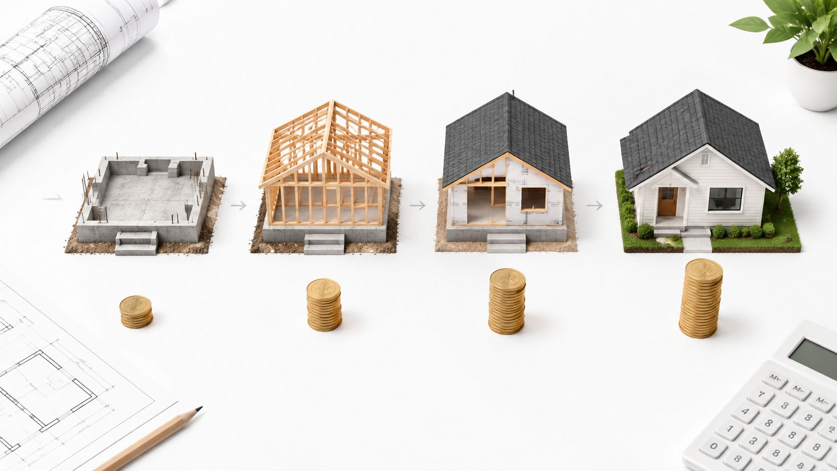 A conceptual diagram showing house construction stages from concrete foundation to finished home with increasing coin stacks.