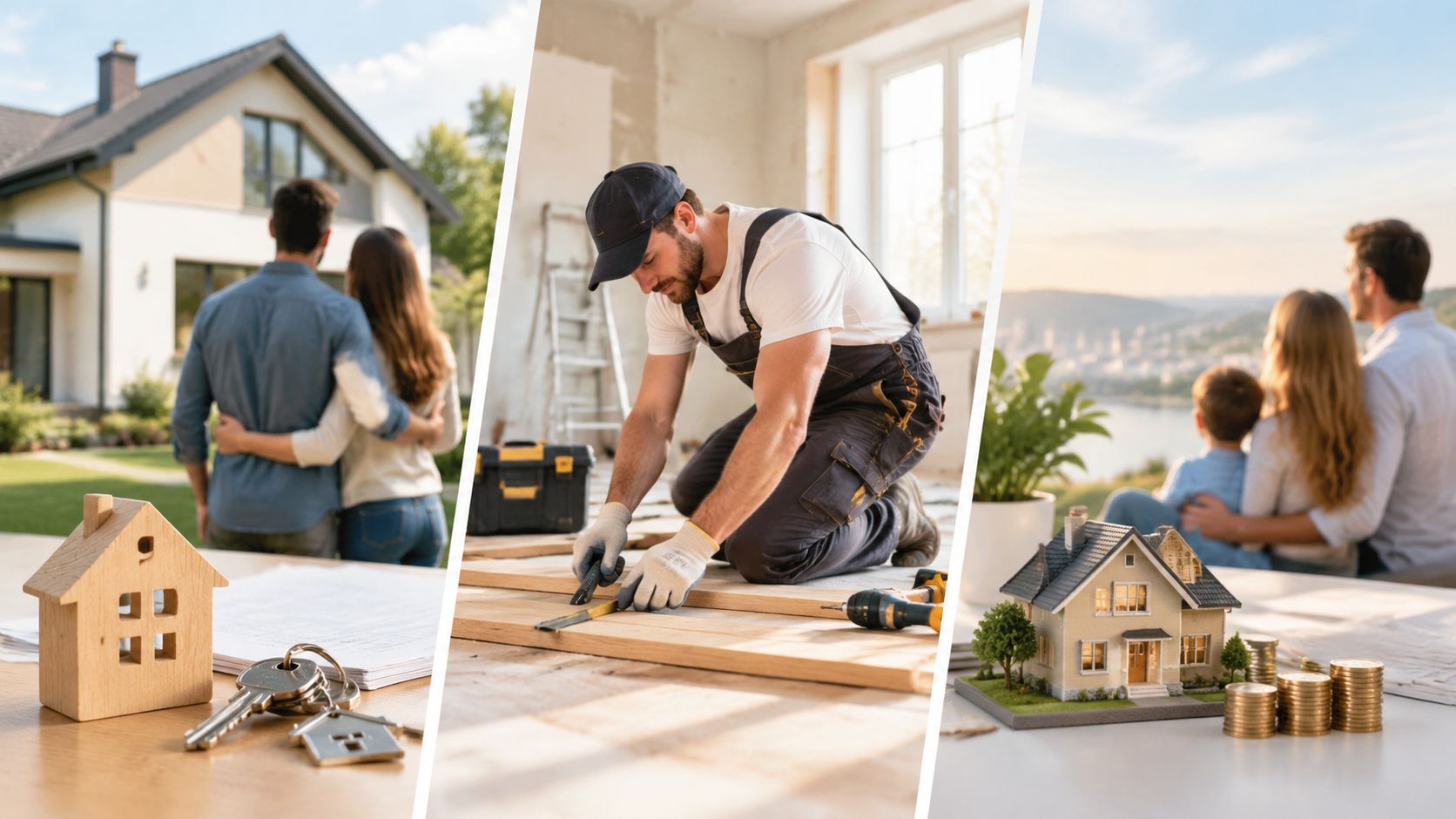 Collage showing a couple near their dream home, a handyman renovating, and a family looking at a model home.
