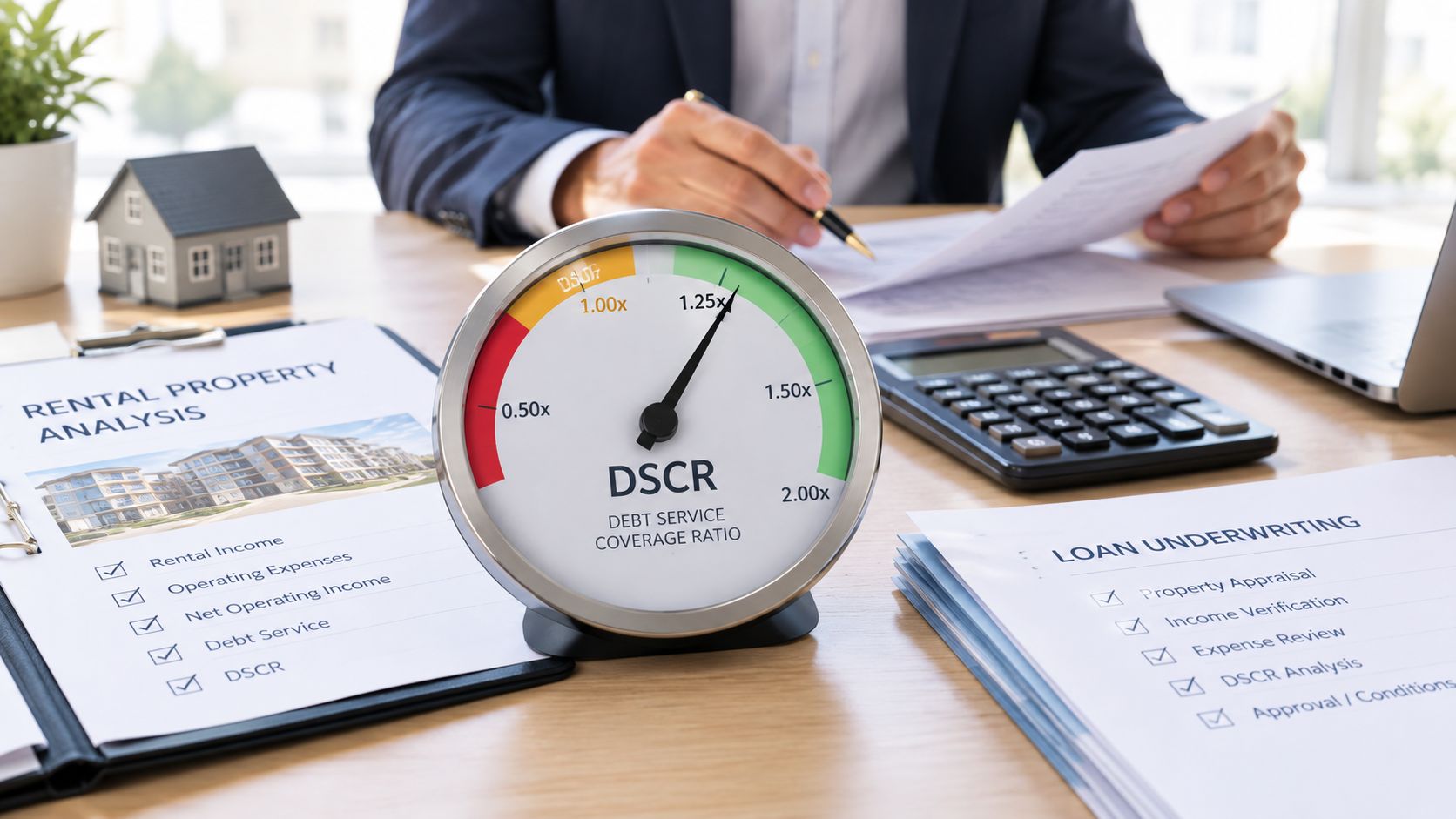 A professional analyzing a rental property and loan underwriting document next to a DSCR gauge on a desk.