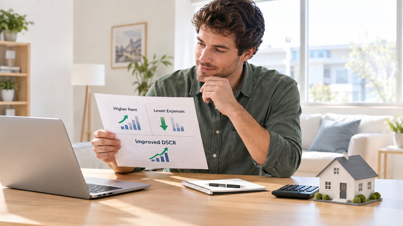 A man in a home office holding a chart that explains how to achieve improved debt service coverage ratio.