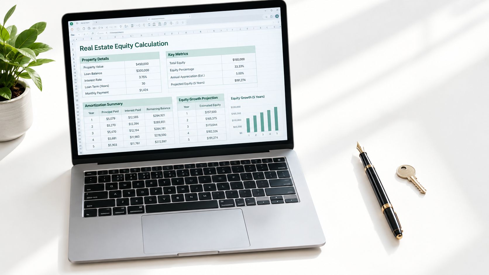 A laptop displaying a real estate equity calculation spreadsheet with a plant, pen, and key on a desk.