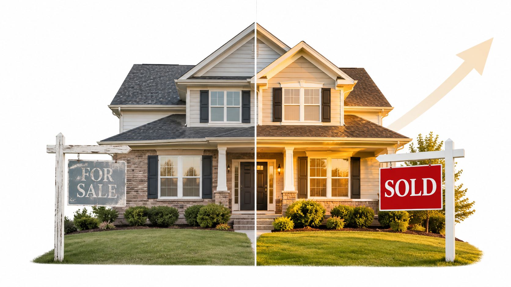 A split image showing a house for sale on the left and sold on the right.