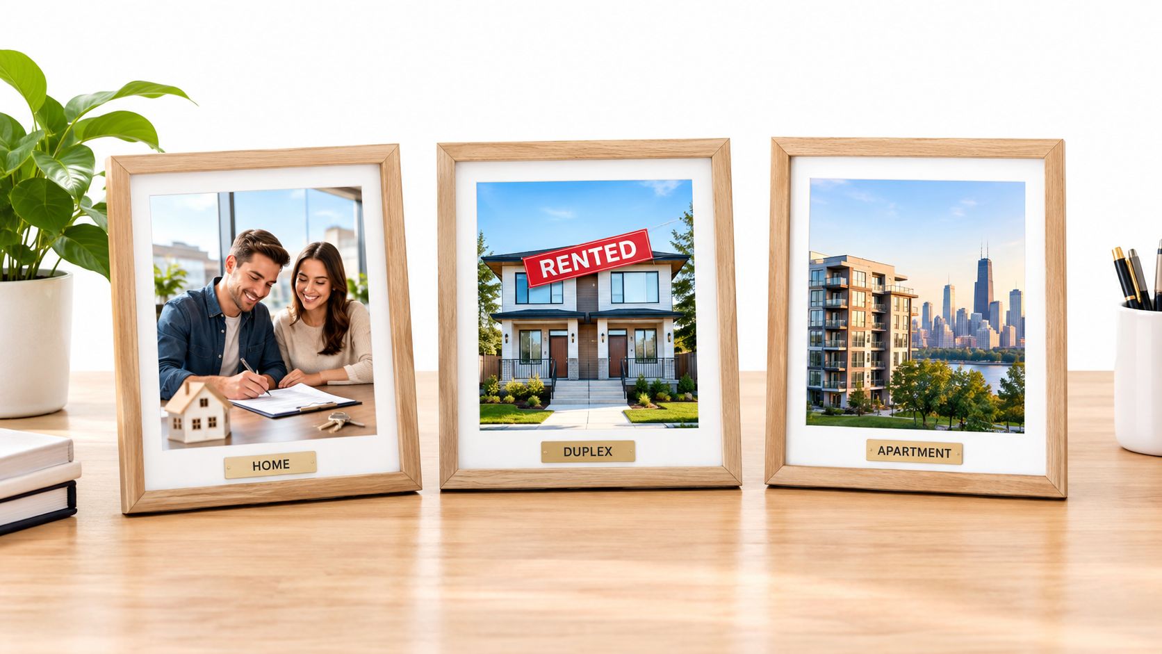 Three framed pictures on a desk showing a couple buying a home, a rented duplex, and an apartment.